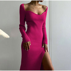 Bodycon Knitted Women Sweater Dress Long Sleeve Sexy Off Shoulder Split Elegant Party Dresses Fashion Autumn Winter voguable