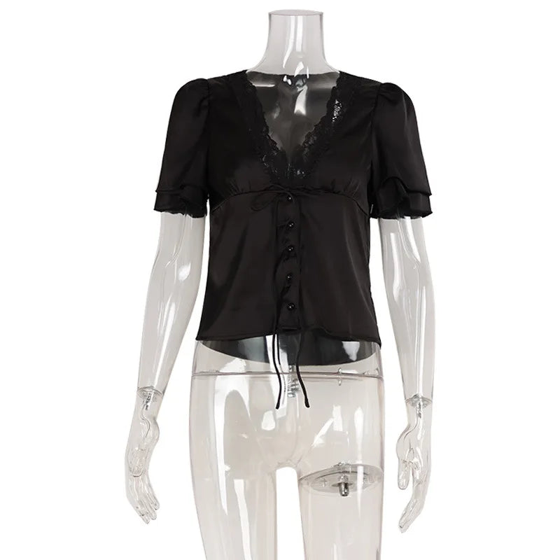 Voguable  Y2K Spicy Girl Street Style Solid Color Lace Splicing Short Women's T-shirt Summer Straightening Slim Fashion Short Sleeve Tops voguable
