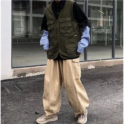 Cargo High-end Vest Korean Style Streetwear Japanese Retro Functional Multi-pocket Work Solid Color Pocket Vest Jacket Aesthetic voguable