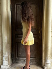 Knit Ruffled Hollow Out Mini Dress Female V-Neck See-Through Holiday Beach Casual Clothes Summer Women's Knitwear Dress voguable