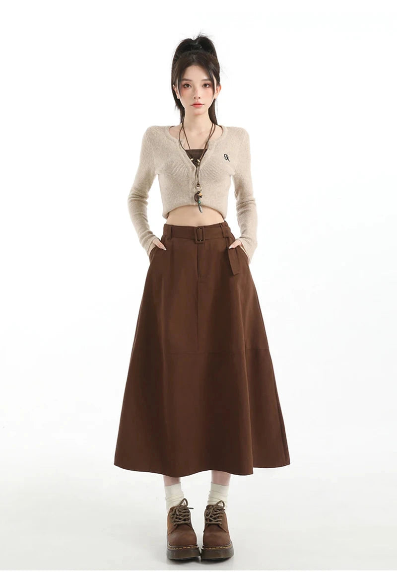 Retro Belt Long Skirt Women Casual Sweet High Waist A Line Skirts Preppy Style Fall Winter Lady Korean Vintage Long Skirts voguable