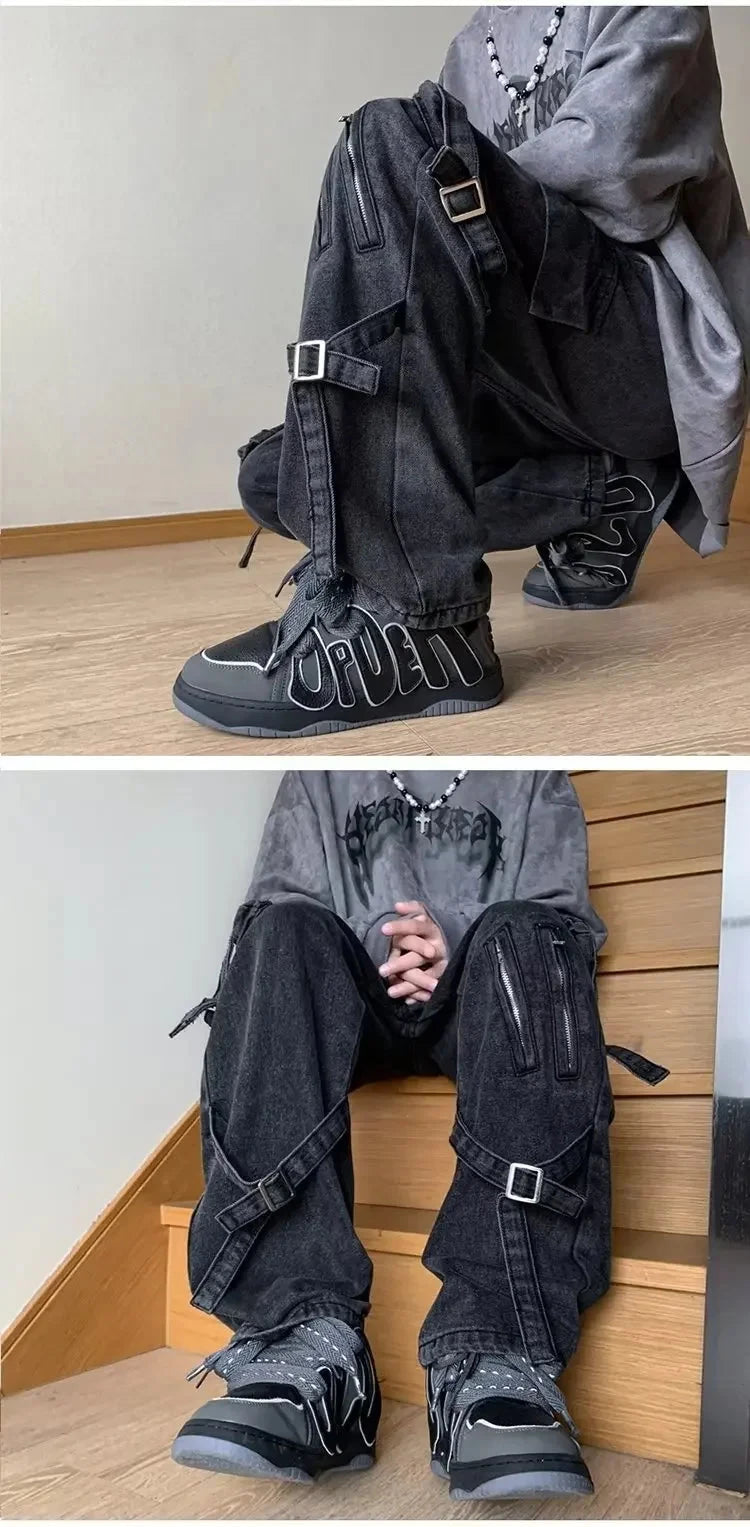 American Style Vibezip-up Trendy Jeans For Men Loose-fit Bell Bottoms Ins High Street Gangsta Style Casual Workwear voguable