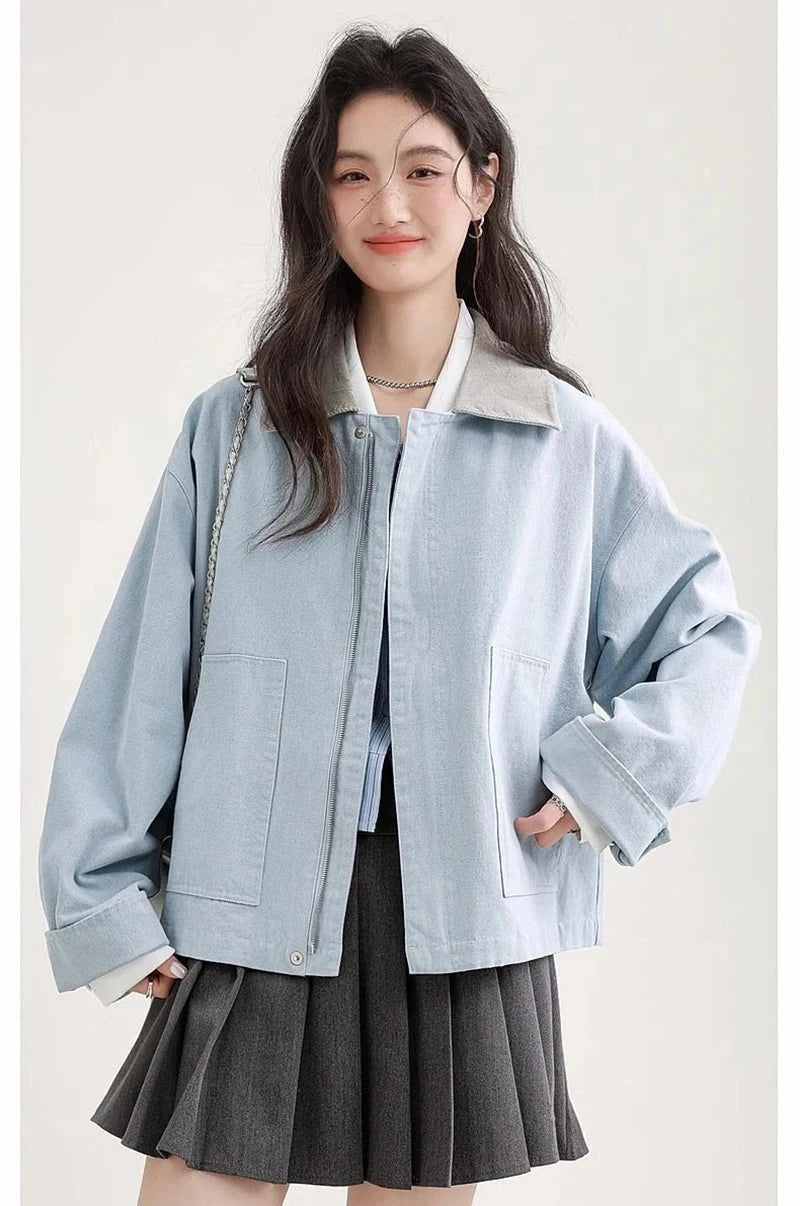 Blue Cargo Jacket Women Sweet Preppy Style Long Sleeve Retro Coat Casual Patchwork Turn Down Collar Korean Fall Outwear Top voguable