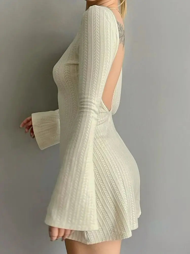 Voguable Elegant Solid Knitted Dresses Fashion Women Black Bodycon Autumn Winter Long Sleeve Mini Dress Retro voguable