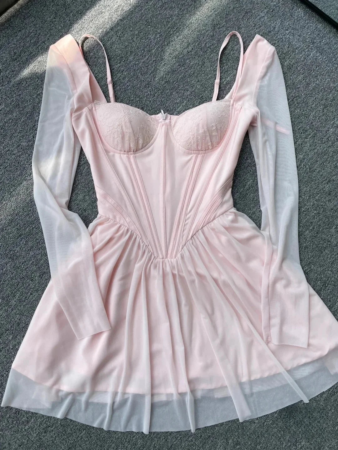 Autumn Mesh Pink Long Sleeve Dress A Line Bodycon Birthday Party Dress Mini Holiday Vacation Dress Women 2023 High Quality voguable