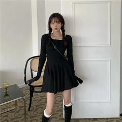 Black Lace Patchwork Dress Women Korean Chic Square Collar Long Sleeve Mini Dress Fall Fashion Preppy All-Match Bottoming Dress voguable