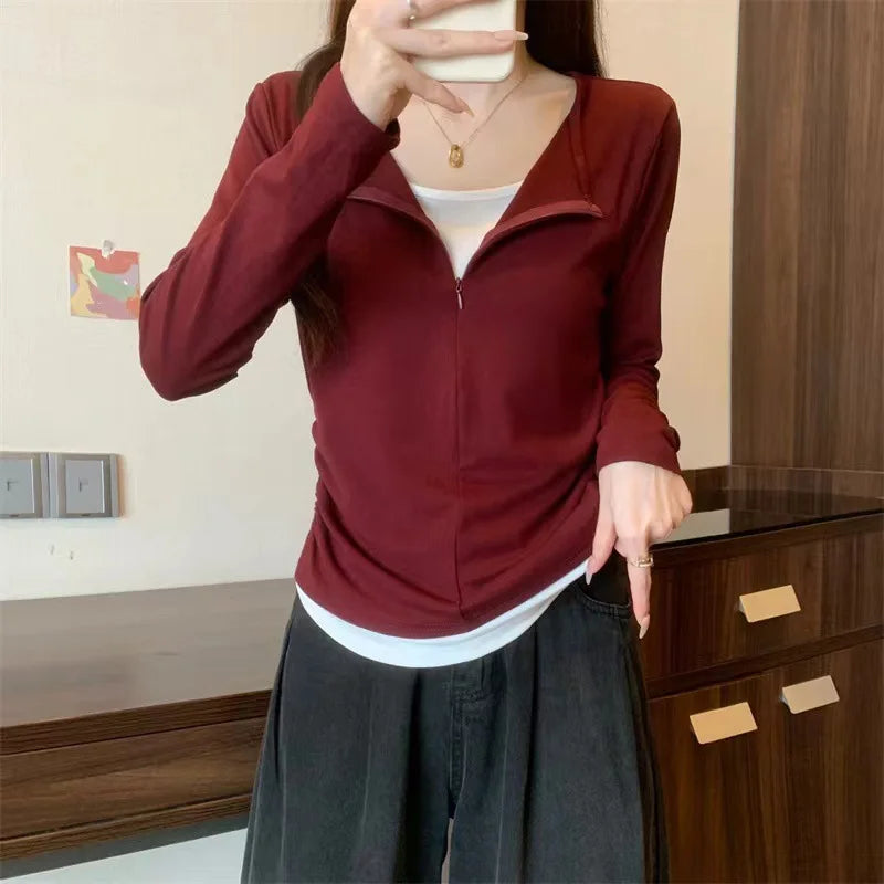 Long Sleeve T Shirt Women Fashion Fake Two Pieces Patchwork Basic Slim Zipper Slimming Bottoming Shirt Retro Red Casual T-shirt voguable