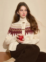 American Christmas Red Cardigan Women Vintage Lazy Wind Sweet Knitted Sweater Casual O Neck Long Sleeve Retro Harajuku Tops New voguable