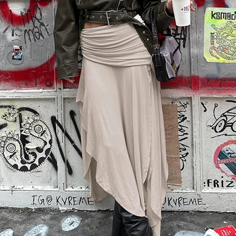 Folds Split Long Skirt Low Rise Loose A-line Midi Skirts For Women Casual y2k Fashion Ladies Holiday Outfits Harajuku 90s voguable