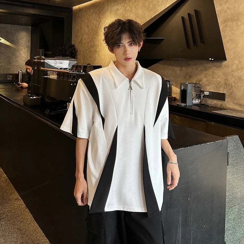 Laple T-Shirt men Urban Streetwear Polo Style Two-Tone Design Casual Summer Tee Y2K Trendy Oversized Top Breathable Cotton Blend voguable