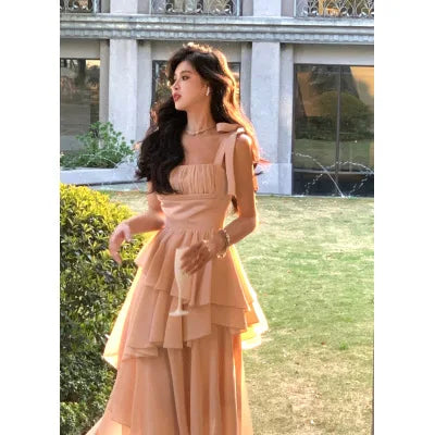 Voguable  Summer Fairy Backless Slash Neck Solid Color Suspender Dresses Women High Waist  Chiffon Slim Fit Evening Dress voguable