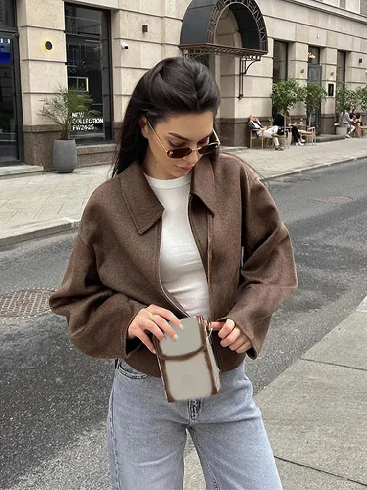 Fashion Brown Zipper Woolen Jacket For Women Elegant Lapel Long Sleeve Short Coats Female Vintage Autumn Lady Street Outerwear voguable