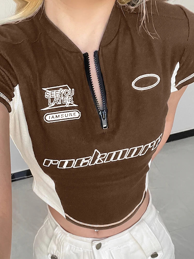 Voguable Techwear Stitching Printing T-shirt Fashion Zipper V-neck Top Streetwear Cool Hot girls Summer Short Sleeve Clothes voguable