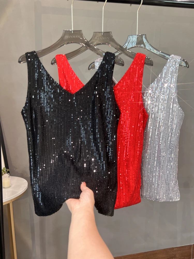 Voguable  New European and American Sequined V-neck Vest Worn Inside A Suit Bottoming Shirt and Worn Outside A Sparkling Top voguable