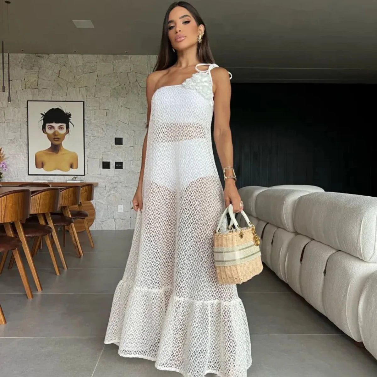 3D Floral Lace Up Backless Cover Up For Women Crochet Beach Dress High Slit White Hollowen Skirt Summer Sexy Beach Outfit voguable