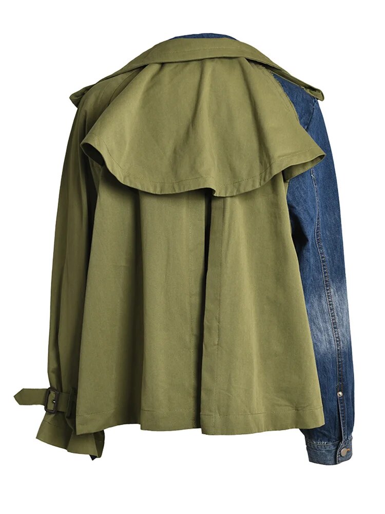 Army Green Denim Color-block Big Size Jacket Loose Fit New Lapel Long Sleeve Women Coat Fashion Spring Autumn voguable
