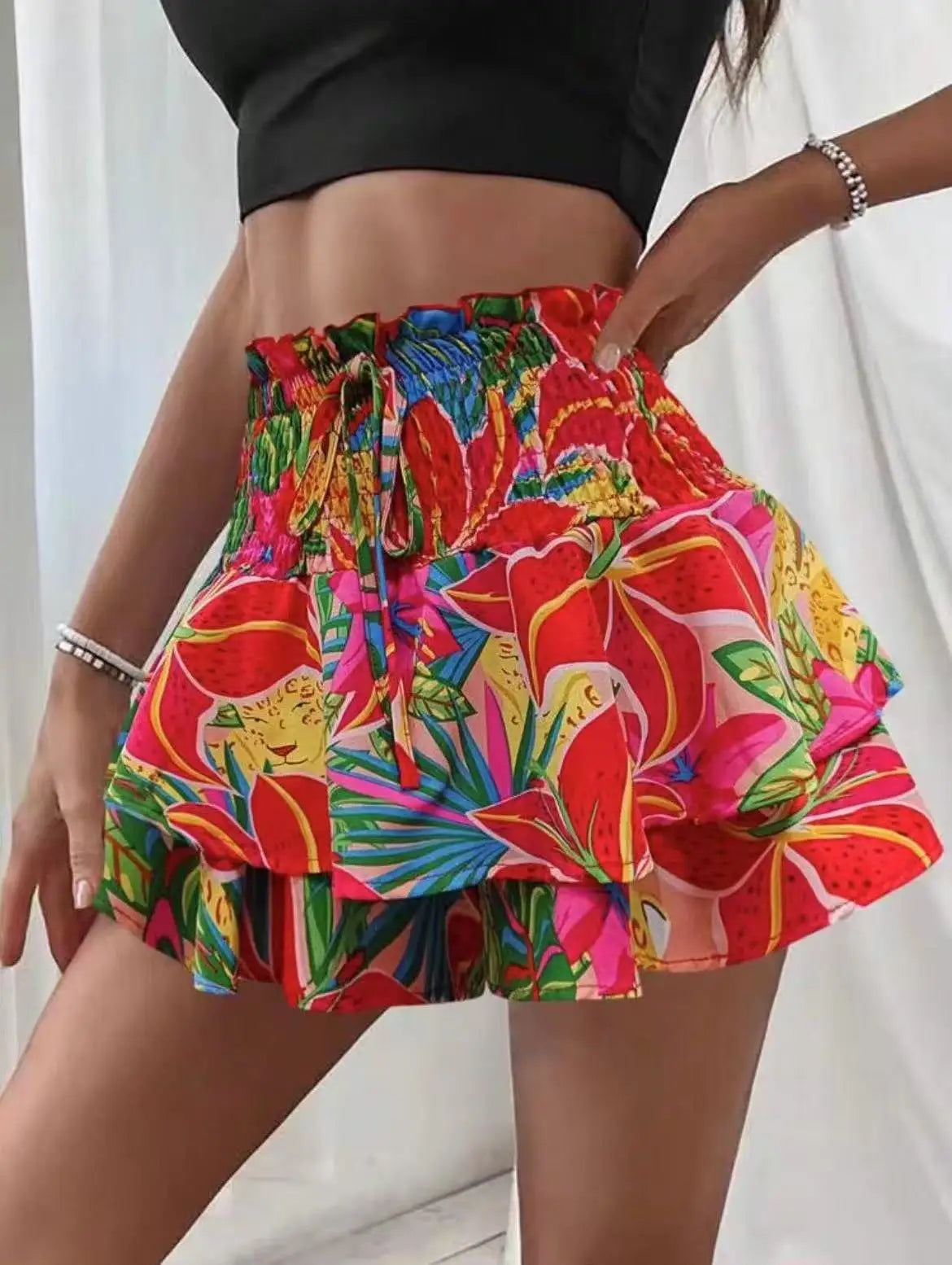 Voguable  Fashion Florals Mini Skirt for Women Summer Casual Waist Shaping Ruffled Hem Short Skirt Woman Drawstring Wide Leg Half Skirts voguable