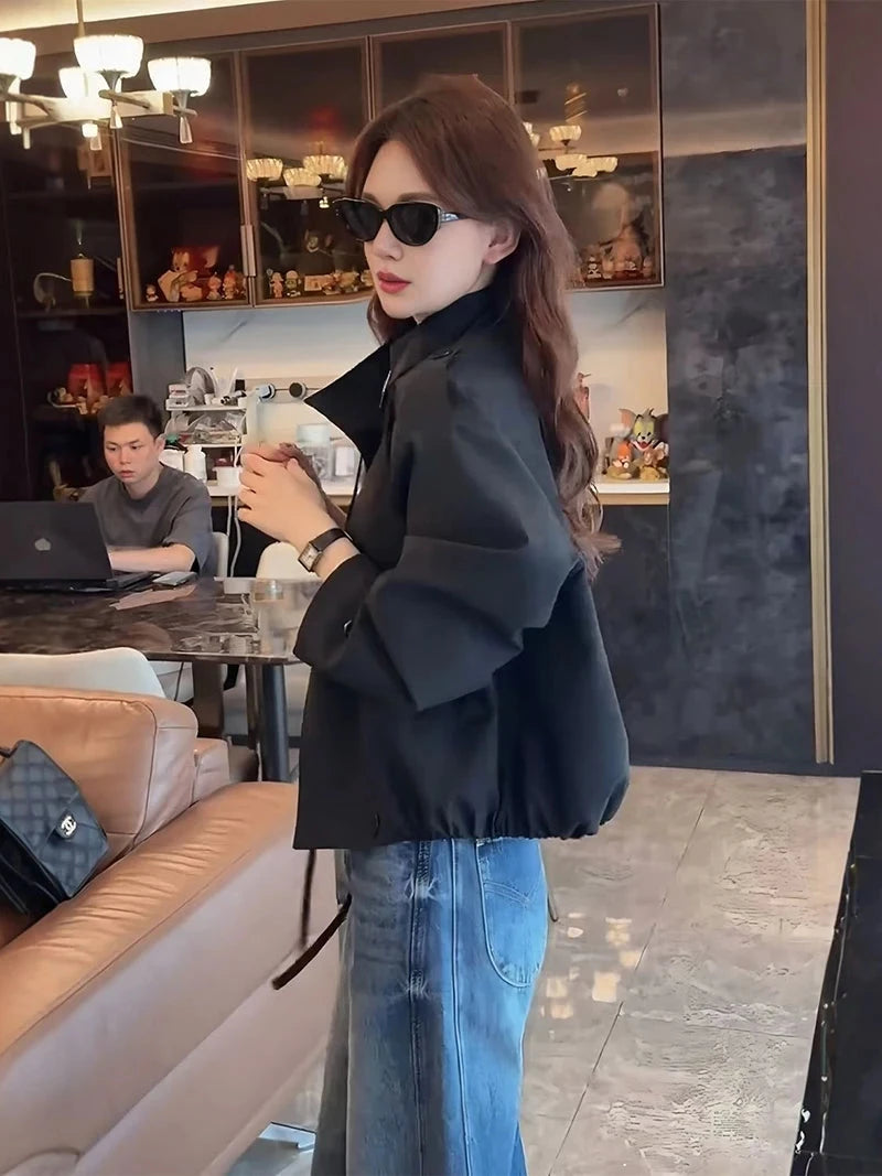 England Stand Collar Jacket Women Loose Long Sleeve Vintage Short Coat Fall Causal Double Breasted Lady Elegant Design Tops voguable