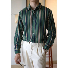 Voguable  Men's Square Collar Patchwork Striped Shirts for Spring and Autumn Fashion England Long Sleeve Loose Cardigan Button Casual Tops voguable