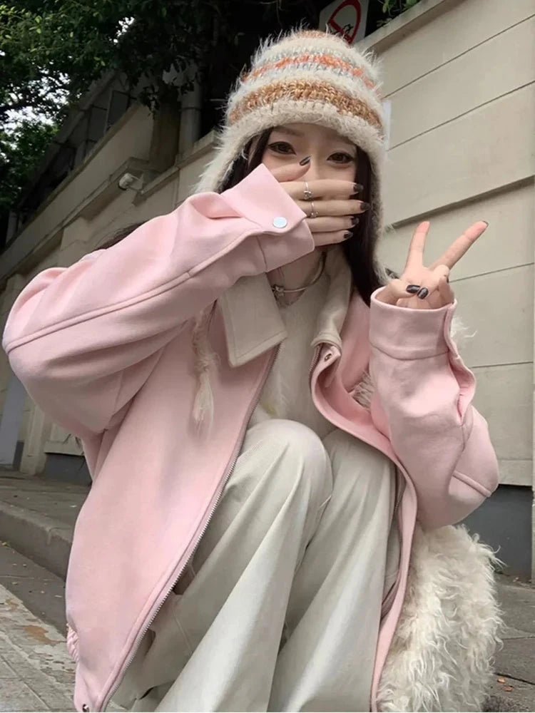 Pink Faux Suede Jacket Women Sweet Long Sleeve Vintage Streetwear Baseball Coat Fall Casual Retro American Y2K Lady Outwear voguable