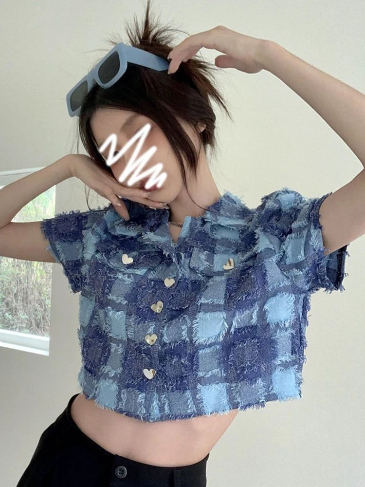 Tassel Cropped Plaid Shirt Women Vintage Streetwear Short Sleeve Sexy Blouse Casual Retro American Summer Short Y2K Tops voguable