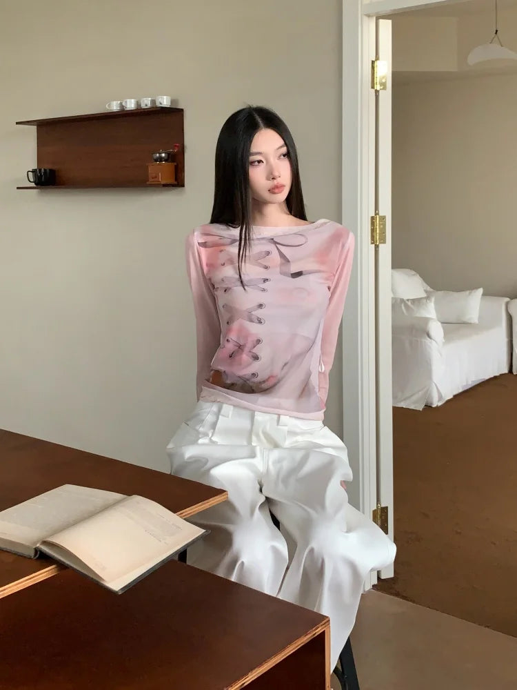 Designer Pink Long Sleeve T Shirt For Woman Fall 2025 Lace Print Funny Tees Cute Mesh Top Kawaii Clothes voguable