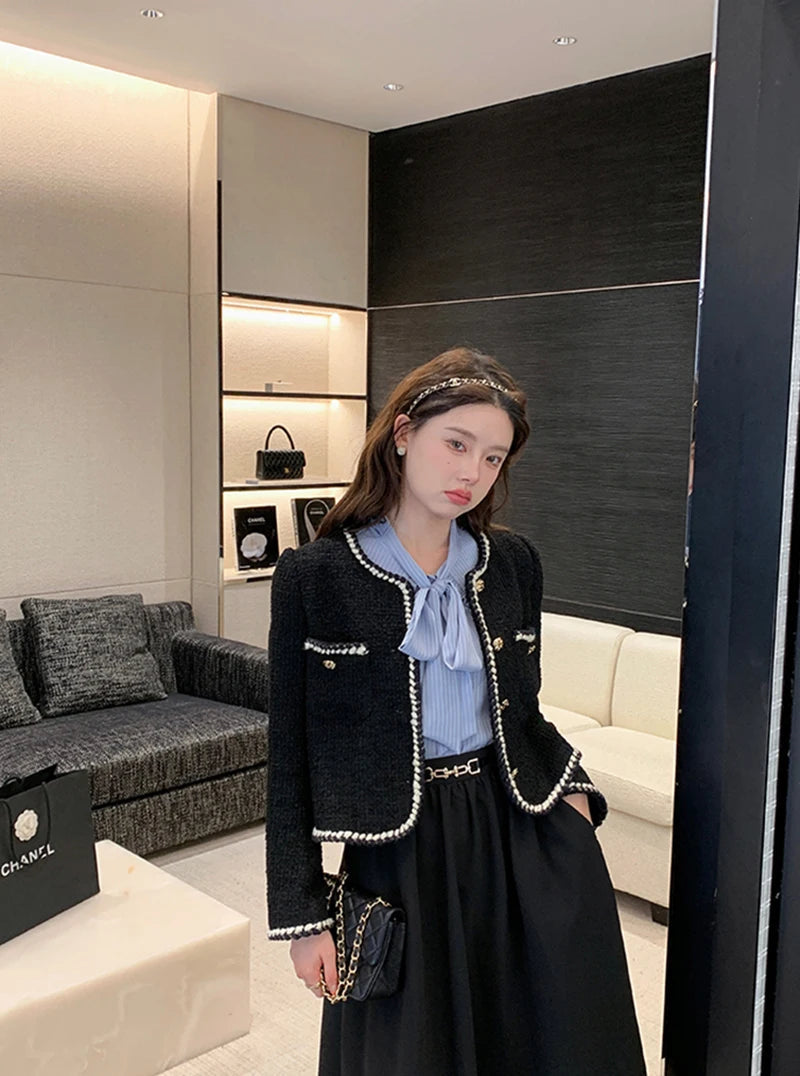 Vintage Jackets Women Black Tweed Cropped Coat Korean Elegant Thicken Single Breasted Blazer Casual Short Outerwear Tops voguable