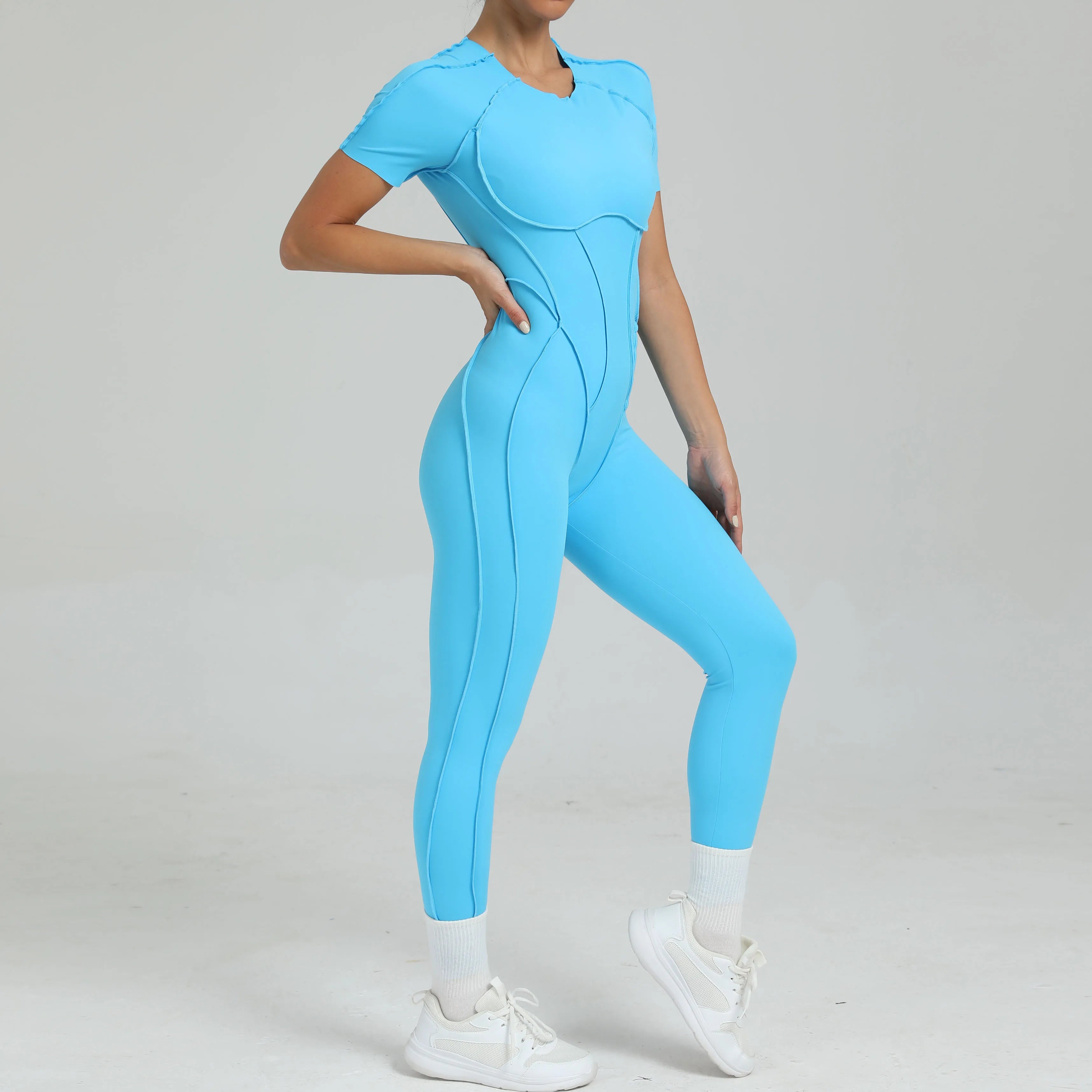Voguable  Women's One-Piece Suit Zipper Short Sleeve Gym Push Up Workout Clothes Fitness Short Bodysuit Sportswear Jumpsuits voguable