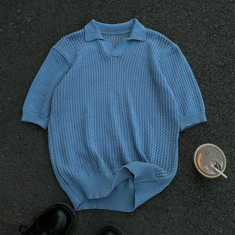 Summer Men's Clothing Light Luxury Korean Popular Hollow Out Polo Shirt Leisure V Neck Short Sleeve Solid Color Retro Knitwear voguable