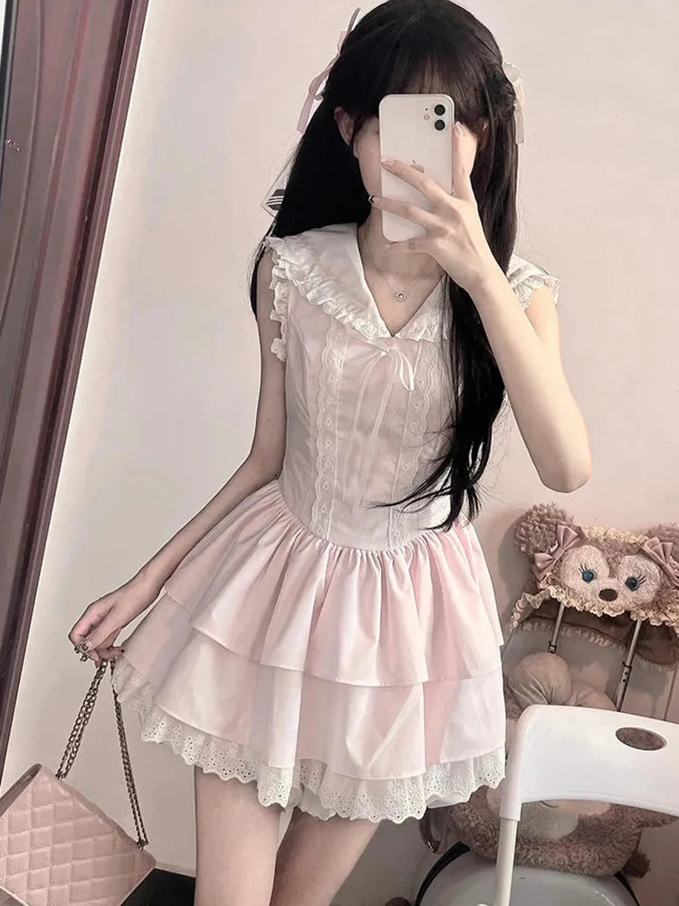 Sweet Slim Pink Dress Women Cute Preppy Style Sailor Collar Mini Dress Casual Retro Japan Lace Patchwork Kawaii Cake Dress voguable