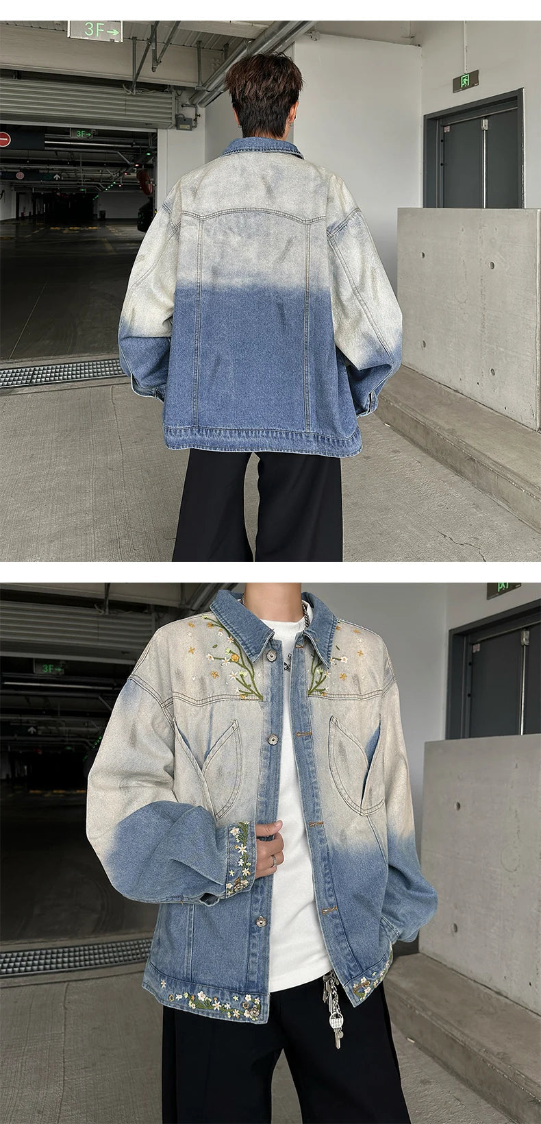 American Gradient Floral Embroidered Denim Jackets Men Women Korean Version Heavy Loose Tops Trendy Design Jackets Aesthetic voguable
