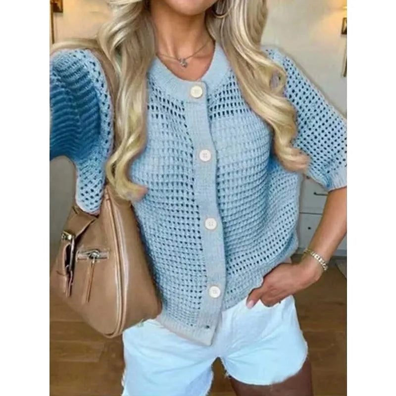Voguable  Korean Fashion Hollowed Out Round Neck Casual Short Sleeved Cardigan Summer New Solid Color Elegant Women's Knitted Tops voguable