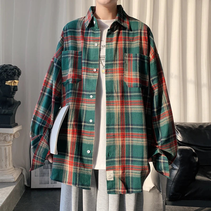 Voguable Harajuku Long Sleeve Plaid Shirts Men Big Size M-5XL Autumn Chic Loose Vintage High Street All-match Gentleman Camisa voguable