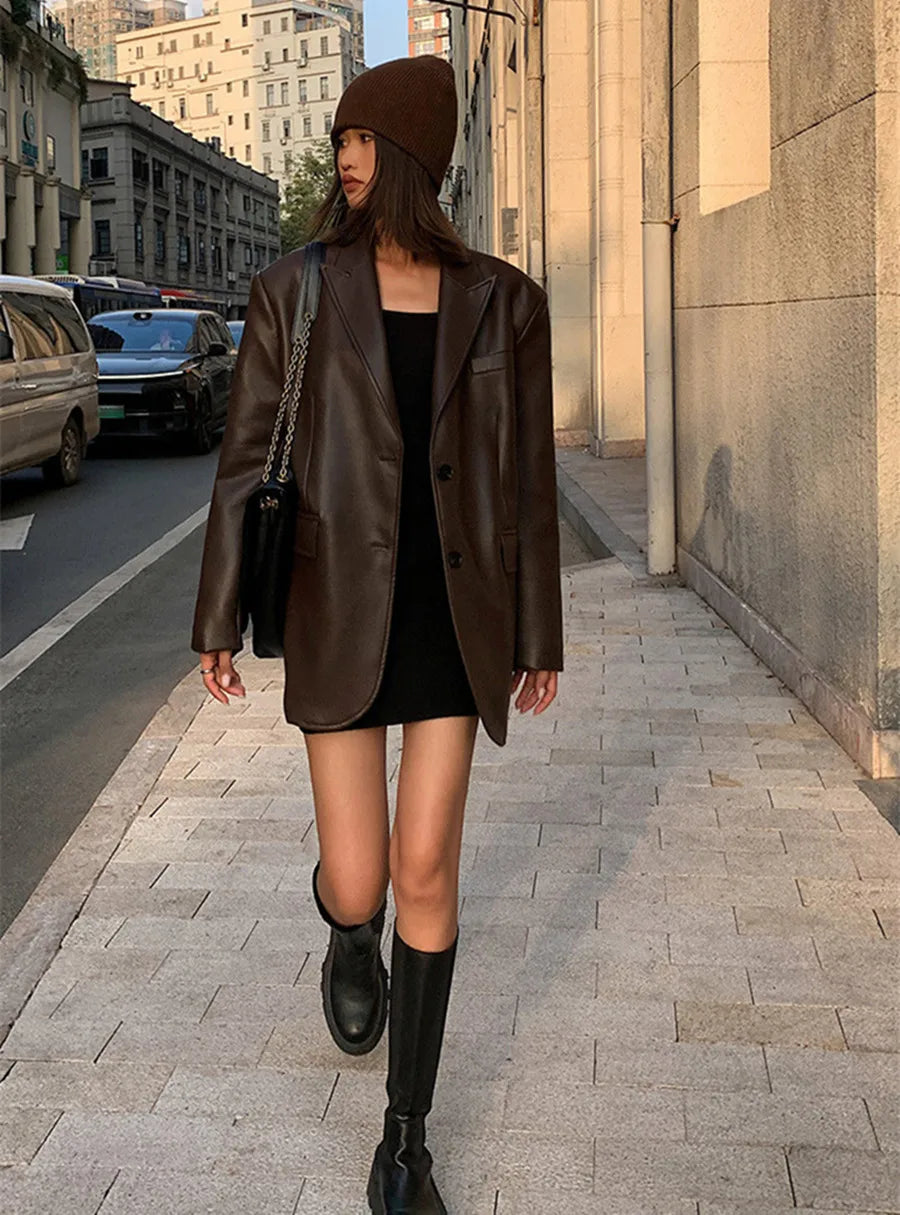 Women Black Brown Soft PU Leather Blazer Shoulder Pads Long Sleeve Single Breasted Loose Casual Jacket Tops Korean Fashion Coat voguable