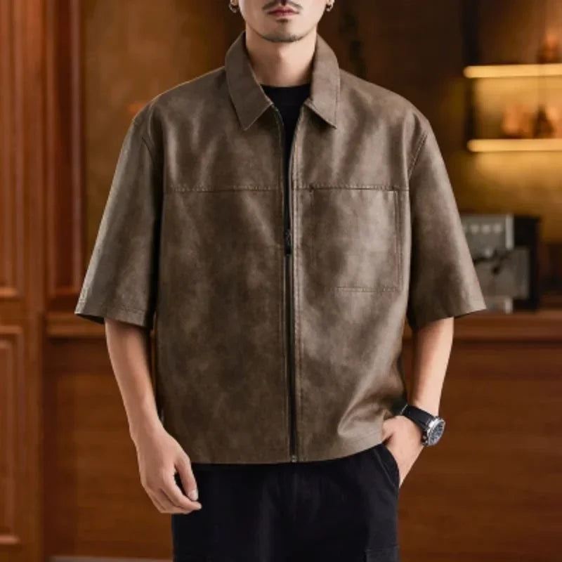 Top New US Black PU Leather Short Sleeved Shirt Oversized Mens Loose Men Streetwear Leather Cool Fashion Fitting Leather Shirt voguable