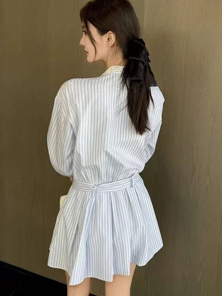 Korean Bow Striped Shirt Dress Women Casual Long Sleeve Elegant Sweet Mini Dress Vintage Patchwork Dot Female Design Dress voguable