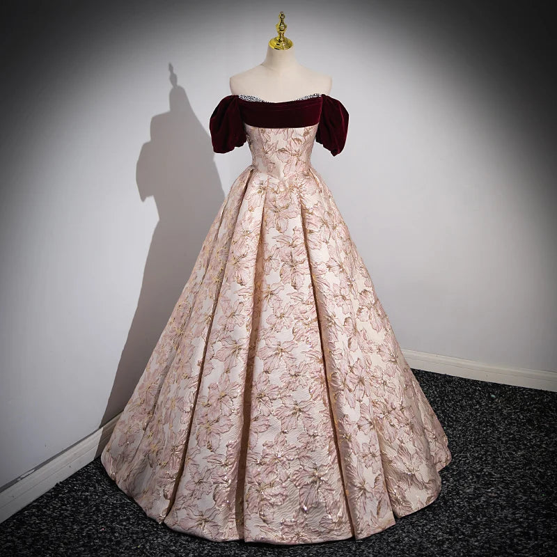 Voguable  Luxurious Off The Shoulder Evening Dresses New Women Pink Puff Sleeves Jacquard Exquisite Party Prom Gowns Wedding Dresses voguable