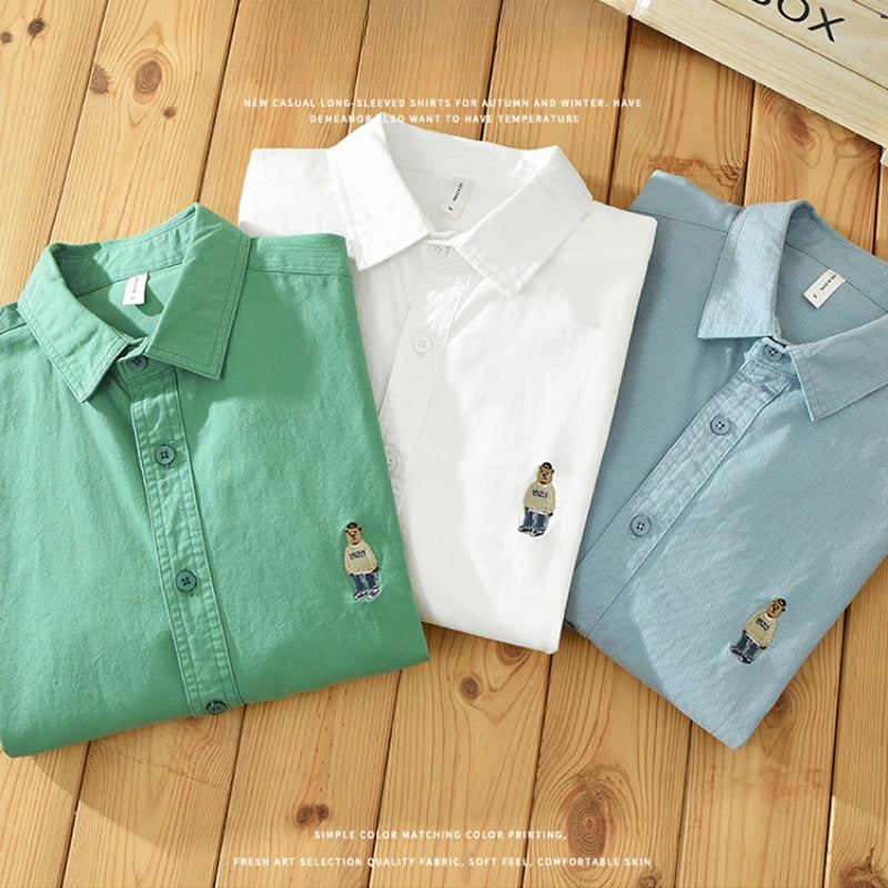 Voguable Spring and Autumn New Bear Embroidery Casual Long Sleeve Men Shirts 100% Cotton Solid Color Fashion Art Versatile Top voguable