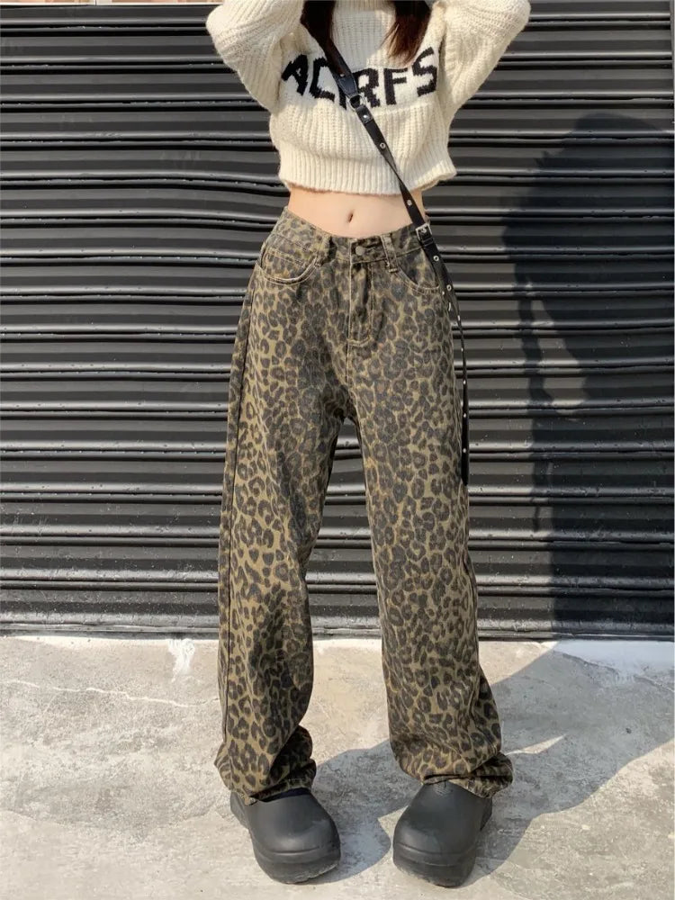 Voguable Vintage Leopard Print Pantalon Femme Wide Leg Pants Women High Waist Straight Y2k Jeans Casual Fashion Korean  Jean Trousers voguable
