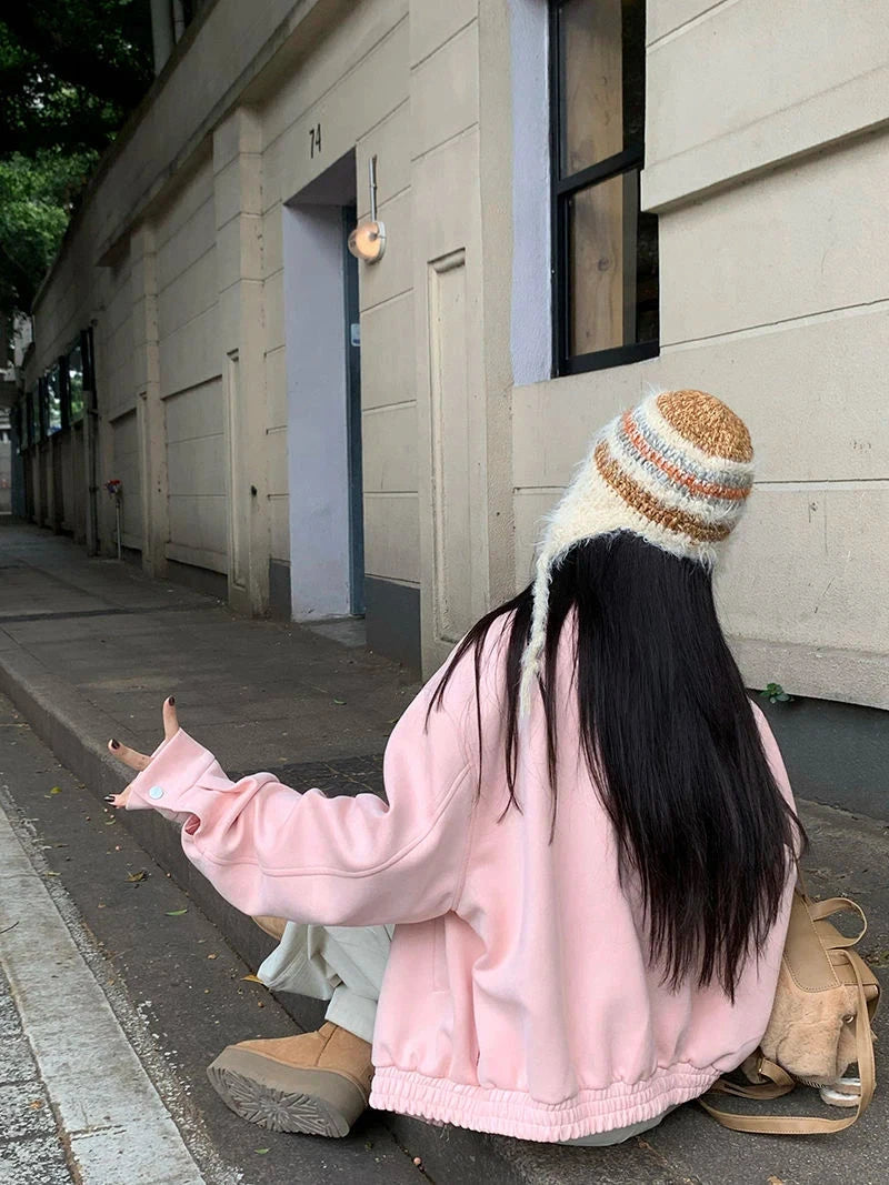 Pink Faux Suede Jacket Women Sweet Long Sleeve Vintage Streetwear Baseball Coat Fall Casual Retro American Y2K Lady Outwear voguable