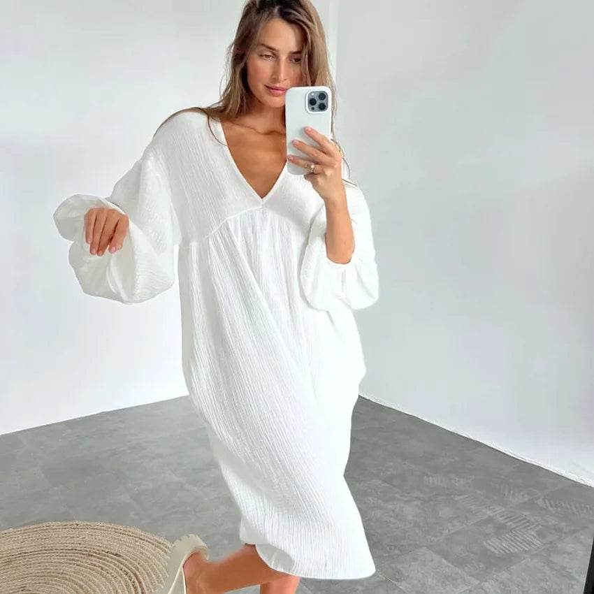 Summer Cotton Linen Women Fashion Dresses Casual Puff Sleeve V-Neck Bandage Holiday Beach Party High Stree Dress voguable