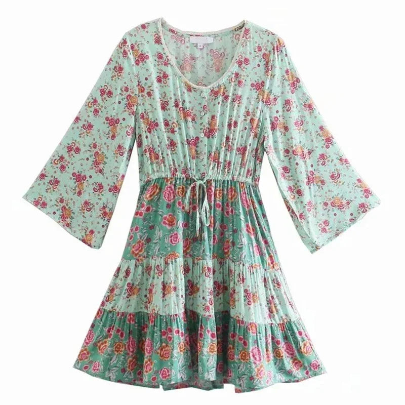 Voguable Floral Vintage Mini Dress Pink Holiday Boho Women Dress  Flare Sleeve Summer Holiday Ladies Female Sexy Dresses voguable