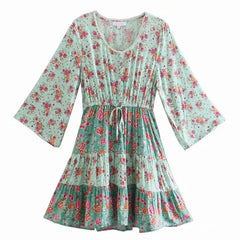 Voguable Floral Vintage Mini Dress Pink Holiday Boho Women Dress  Flare Sleeve Summer Holiday Ladies Female Sexy Dresses voguable