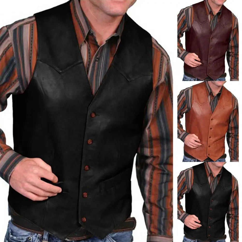 Men's Leather Vest V Neck Single-breasted Western Sleeveless Men Waistcoat Motorcycle Biker Leather Jacket Club Chopper Vest voguable