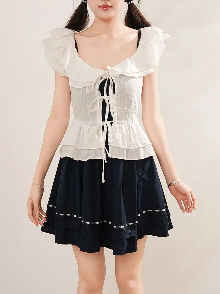 Voguable  Y2K Lolita Two Piece Set Off Shoulder Ruffled Blouse + Lace Trim Camisole Skirt Japanese Style Sweet Preppy Dress Summer voguable