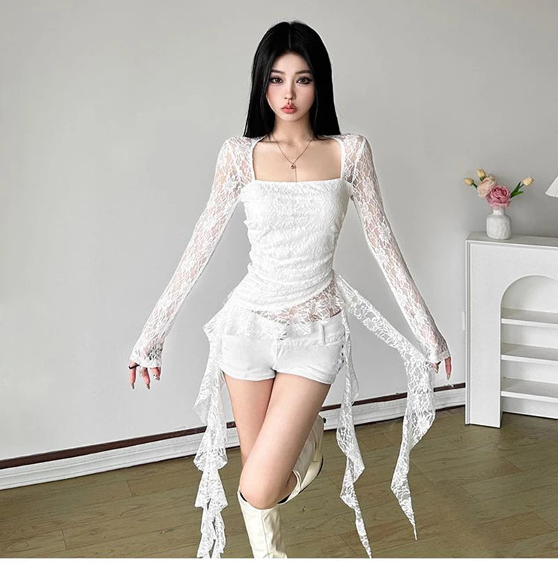 Y2K Ruffles Lace T Shirts Women Sexy Slim Long Sleeve Streetwear Tops Fashion Square Collar Irregular Design Female Tees voguable