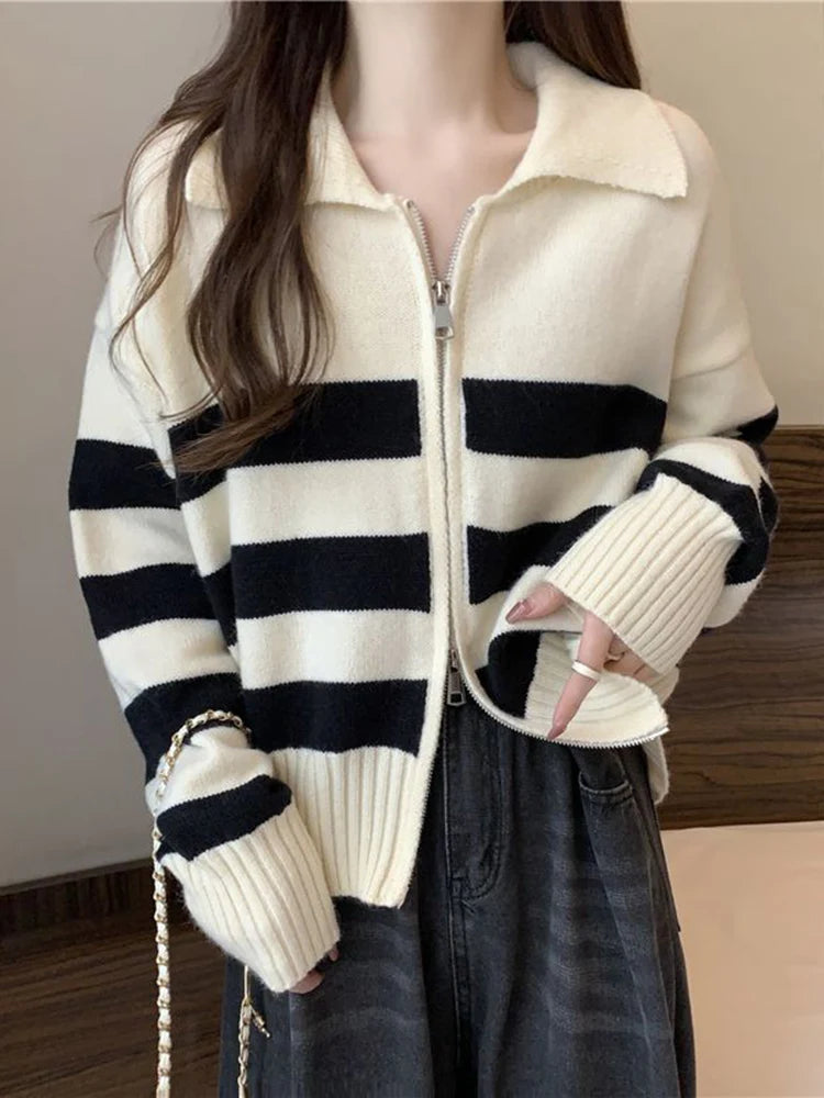 Voguable  Chic Double Zipper Striped Cardigan Sweater Women Korean Casual Simple Knitted Tops Fall Winter Turn Down Collar Outwear voguable