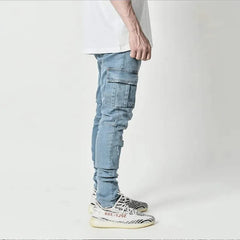 Jeans Men Pants Wash Solid Color Multi Pockets Denim Mid Waist Cargo Jeans Plus Size Fahsion Casual Trousers Male Daily Wear voguable