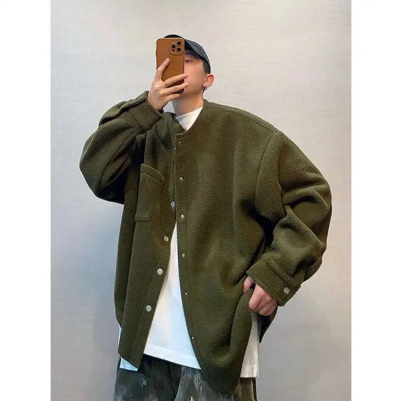 Hong Kong Style Retro Coat Versatile Solid Color Lamb Fur Plus Velvet Shirt Fashion High-end Autumn Winter Loose Fleece Jacket voguable