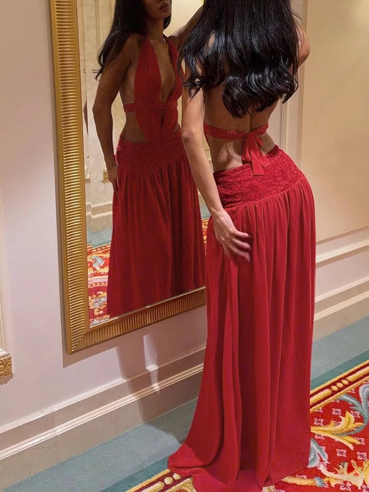 Voguable  Elegant Birthday Party Dress Women Sexy Classic Backless Halter Ruched Bandages Deep V-Neck Sleeveless Club Bodycon voguable